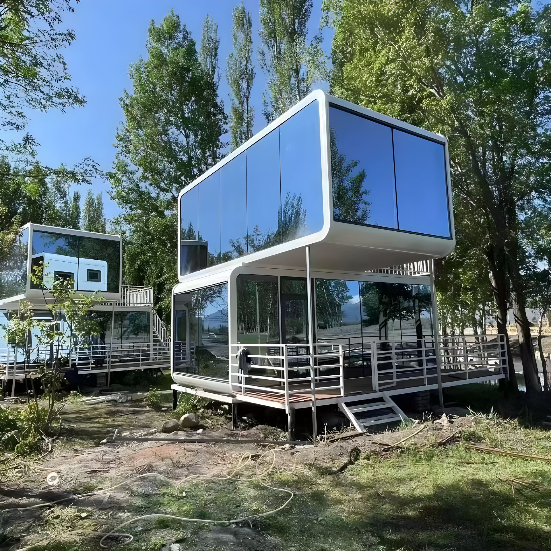White apple cabin with rooftop deck and exterior stairs